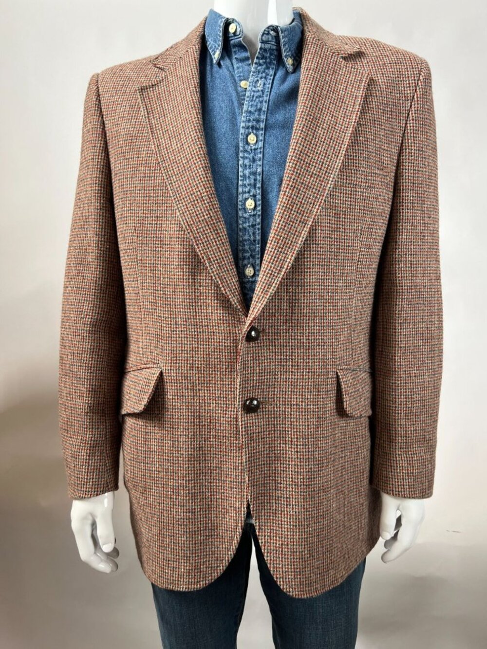 Mens Vintage JCPenney Houndstooth Wool Sport Coat Blazer 44R W/ Leather Elbow